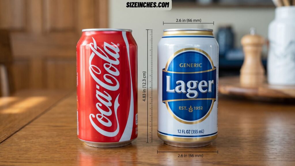 A standard soda can next to a beer can showing the same 12 oz size