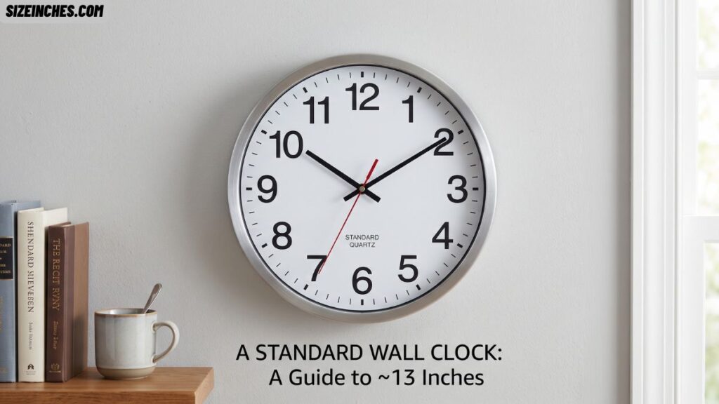 A standard wall clock about 13 inches across shown as a size reference