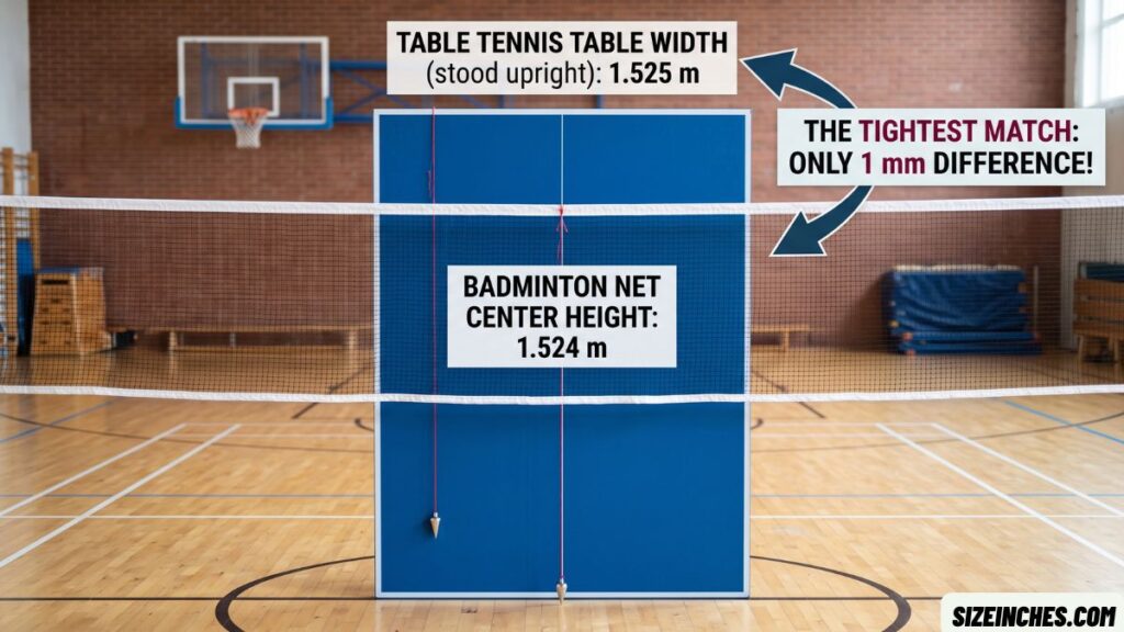 A table tennis table 1.525 meters wide matching the 1.524 meter badminton net height