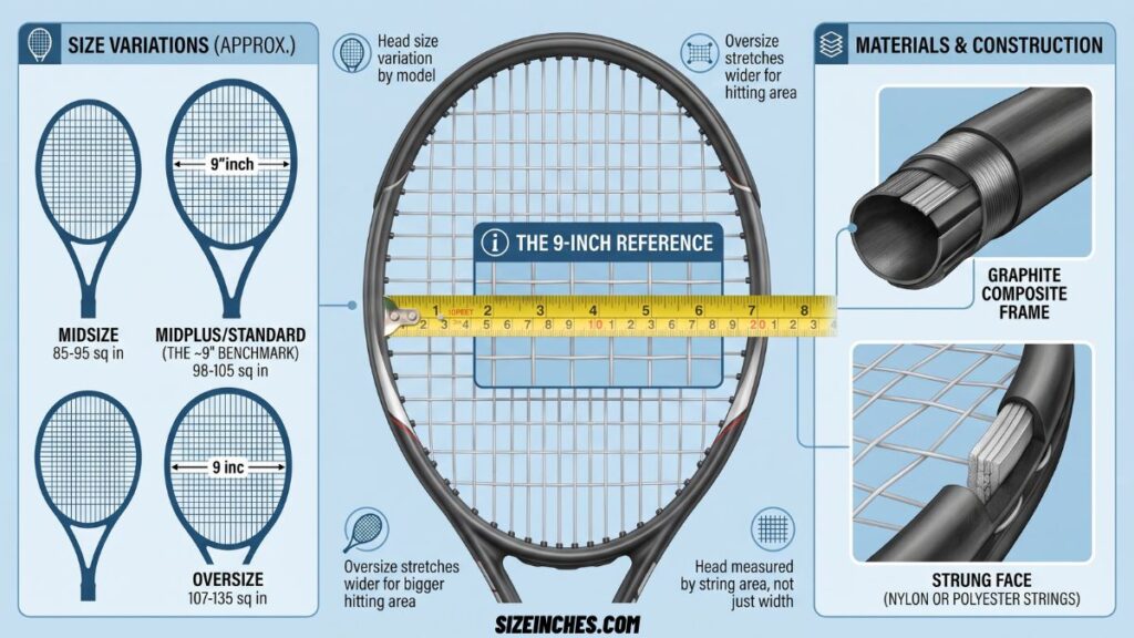 A tennis racket head about 9 inches wide shown as a length reference