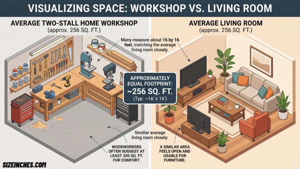 A home workshop about 256 square feet matching an average living room size