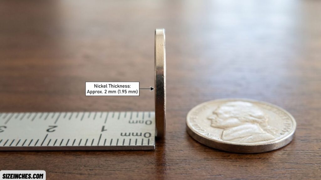A US nickel on its edge showing a thickness of about 2 mm