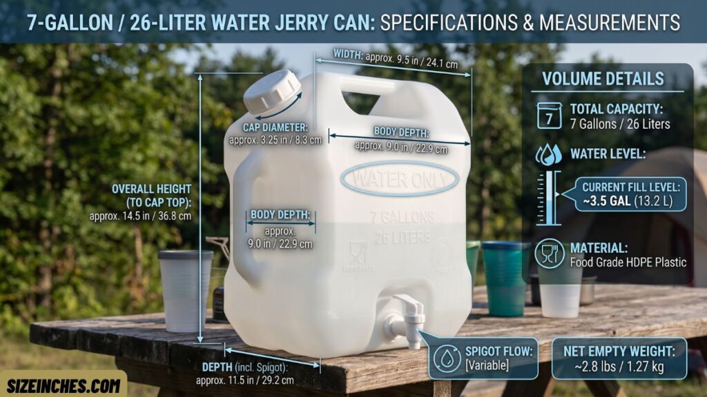 A blue water jerry can holding 5 to 7 US gallons for camping and emergency water storage
