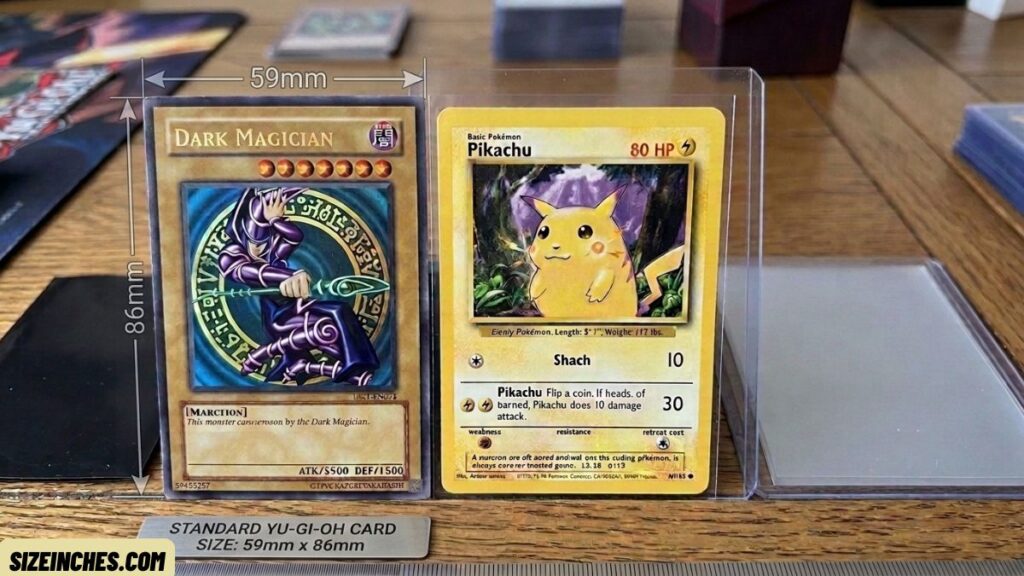 A Yu-Gi-Oh card next to a Pokémon card showing the Pokémon card is slightly bigger