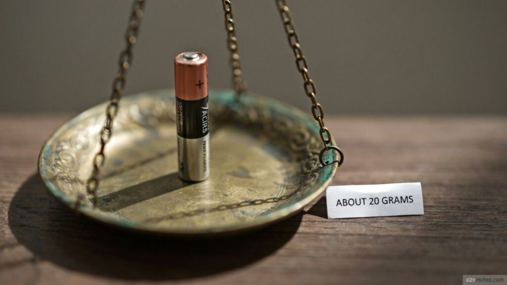 A single AA battery weighing about 23 grams resting on an old brass balance scale as a reference near 20 grams