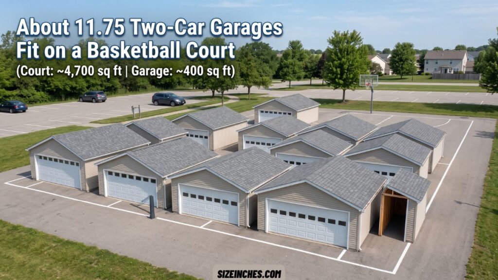 About 11.75 two-car garages showing the area of a basketball court