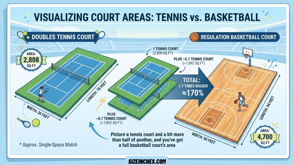 A doubles tennis court showing a basketball court is about 1.7 times its area