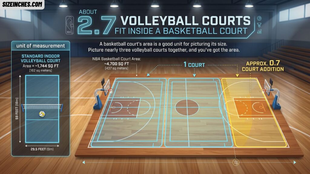 A volleyball court showing about 2.7 fit inside a basketball court