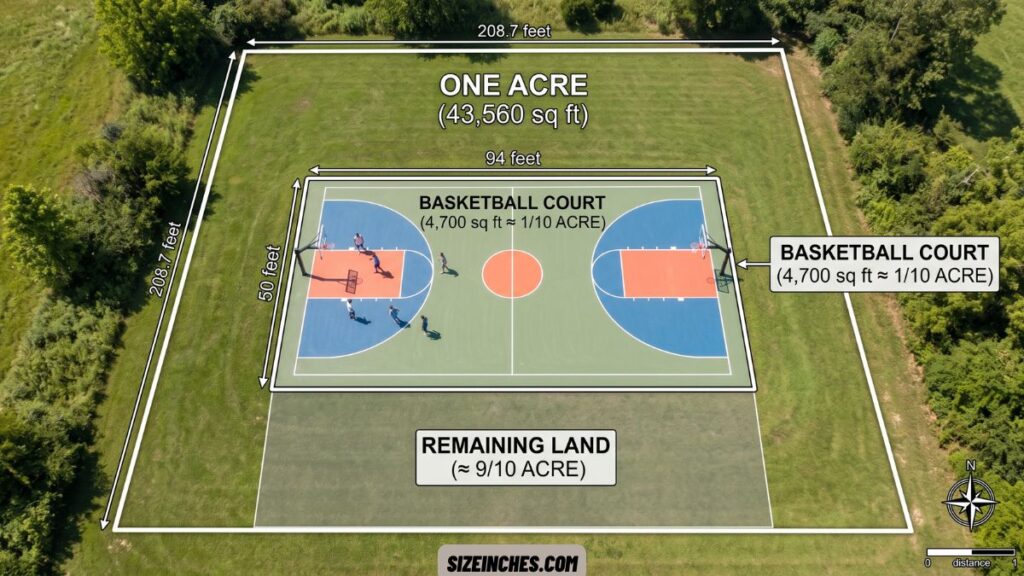 A tenth of an acre showing about the area of a basketball court