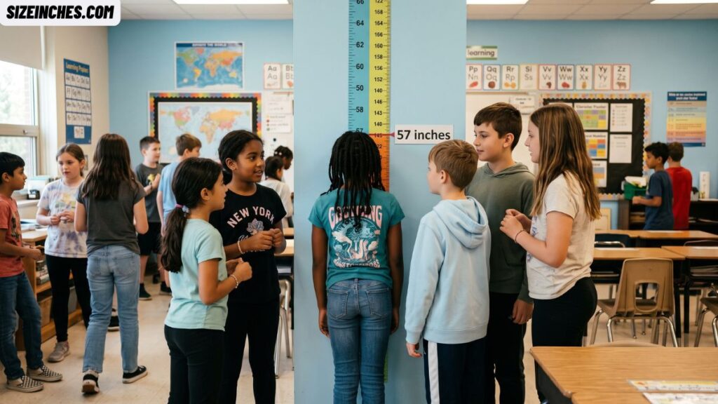 An average 11-year-old child about 57 inches or 4 feet 9 inches tall