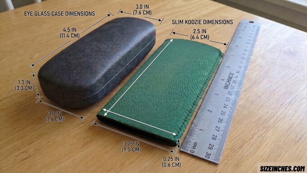 An eyeglasses case next to a flat slim can koozie showing a similar length