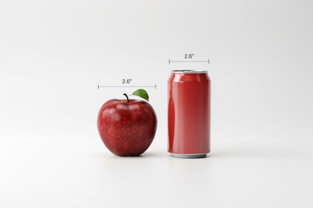 Medium apple held beside a Coke can to show the width of a soda can