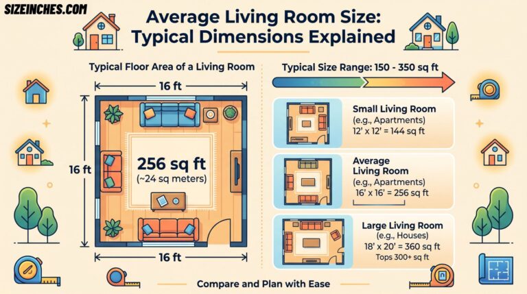 Average living room size showing a 16 x 16 ft room at 256 sq ft, with small (144 sq ft) and large (360 sq ft) ranges.