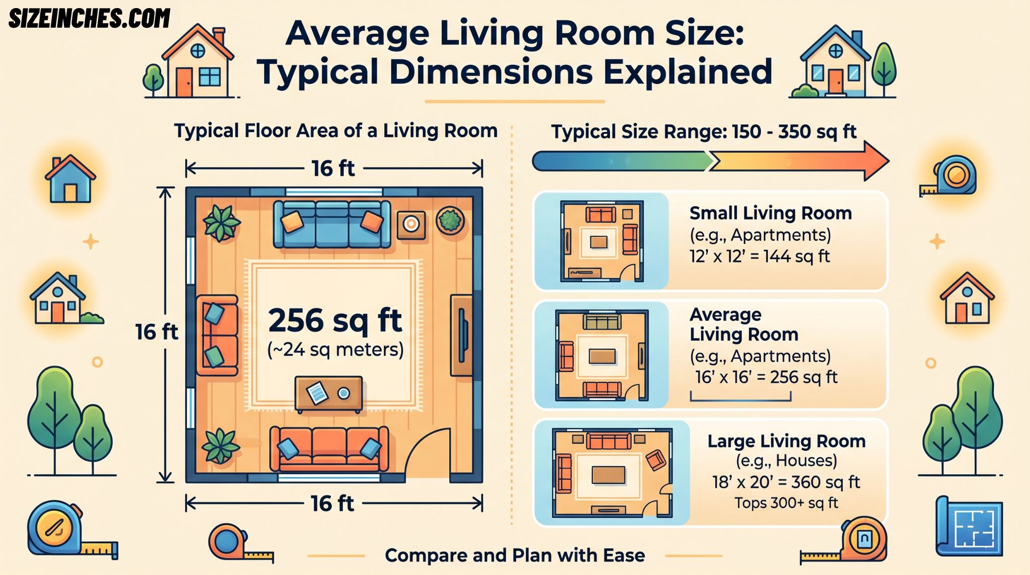 Average living room size showing a 16 x 16 ft room at 256 sq ft, with small (144 sq ft) and large (360 sq ft) ranges.