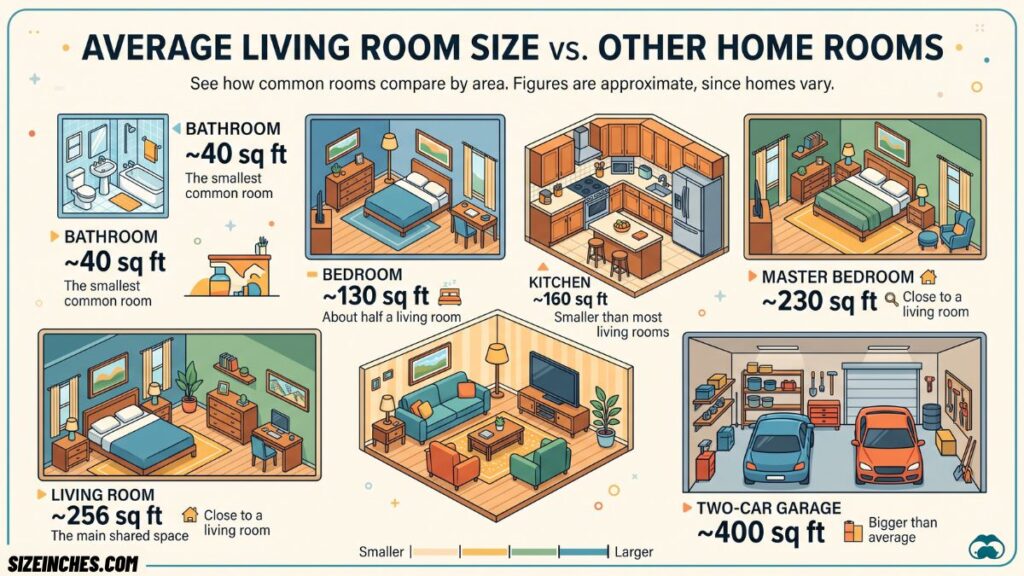 Average living room size compared to a bathroom, bedroom, kitchen, master bedroom, and two-car garage by square footage.