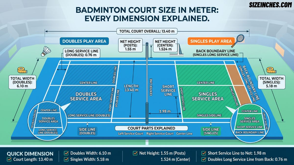 Badminton court dimensions in meters showing 13.40 m length, 6.10 m doubles and singles widths.