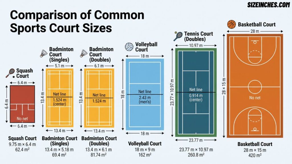 Badminton court compared to squash, volleyball, tennis, and basketball court sizes.