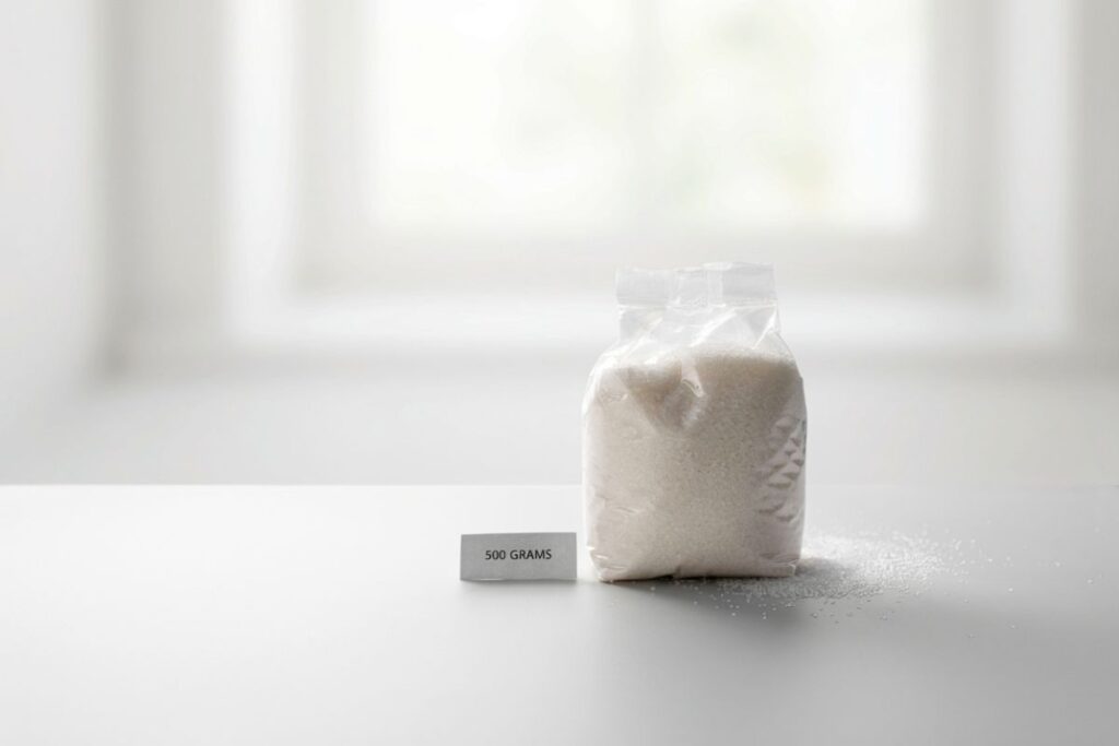 A 500 gram bag of sugar shown as a baking weight reference