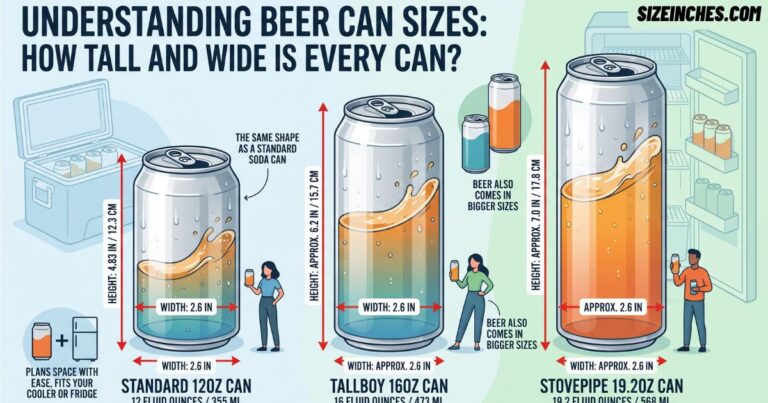 Beer can size chart comparing a standard 12 oz can (4.83 in tall), a 16 oz tallboy (6.2 in), and a 19.2 oz stovepipe (7 in), all about 2.6 inches wide.