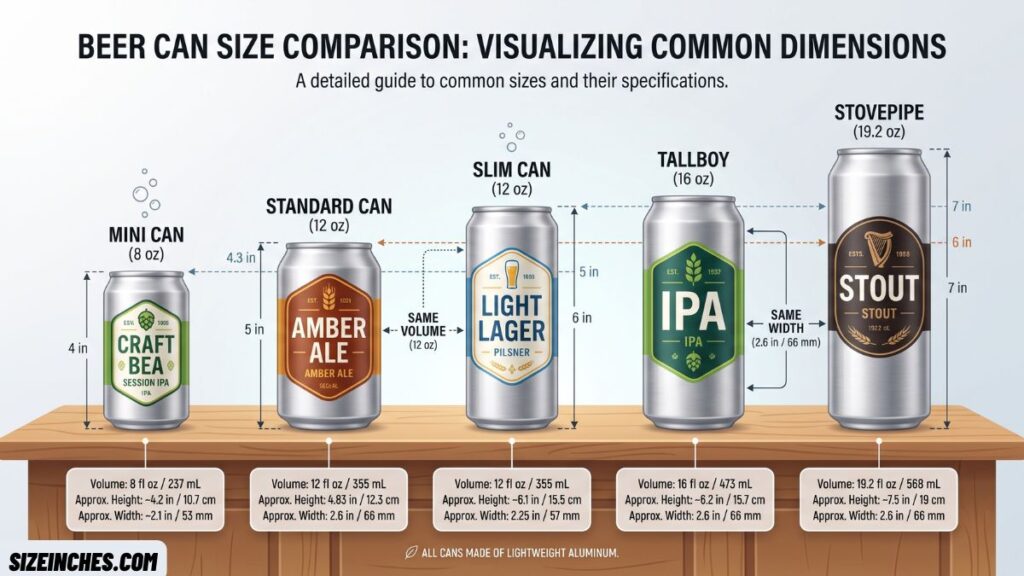 Beer can size chart comparing 8 oz mini, 12 oz, 16 oz tallboy, and 19.2 oz stovepipe cans.