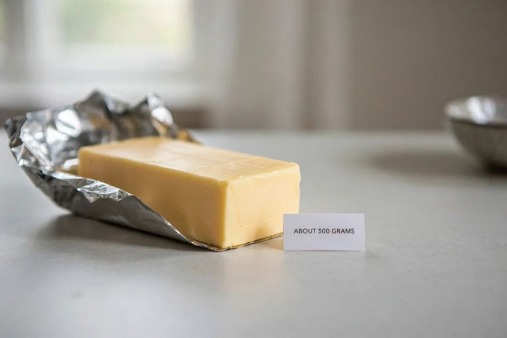 A block of butter weighing about 450 to 500 grams as a kitchen weight reference