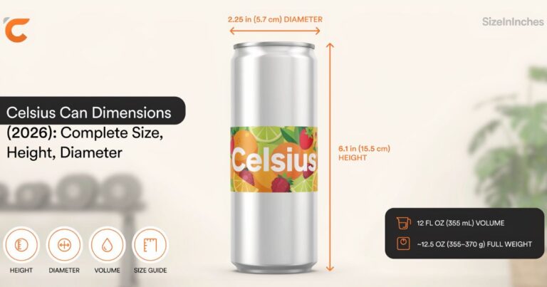 Celsius can dimensions infographic showing a slim 12 oz can at 6.1 inches tall and 2.25 inches wide