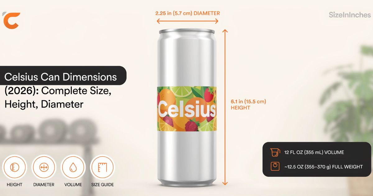 Celsius can dimensions infographic showing a slim 12 oz can at 6.1 inches tall and 2.25 inches wide