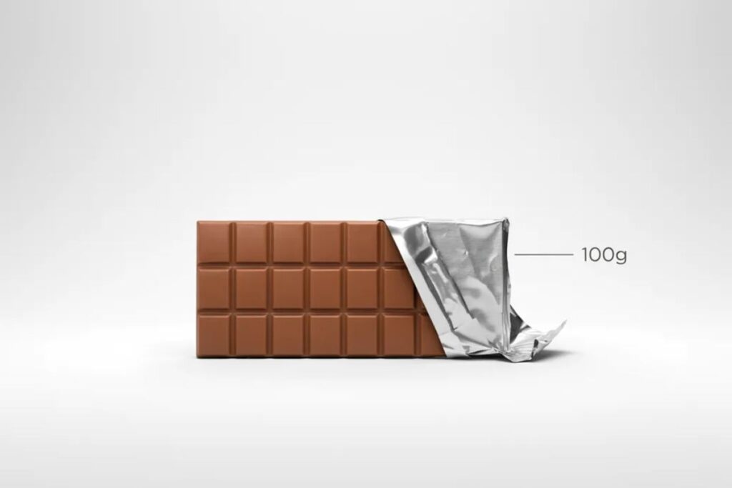 A standard 100 gram chocolate bar shown as a weight reference