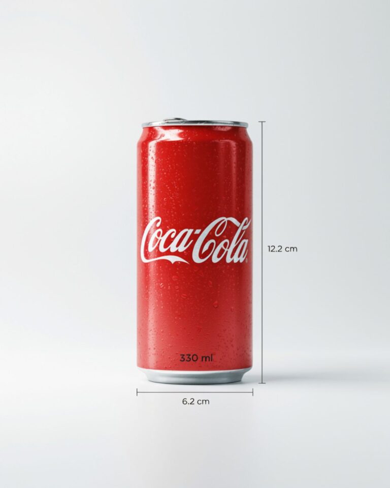 Standard Coke can size showing a 12 oz aluminum can measuring 4.83 inches tall and 2.6 inches wide