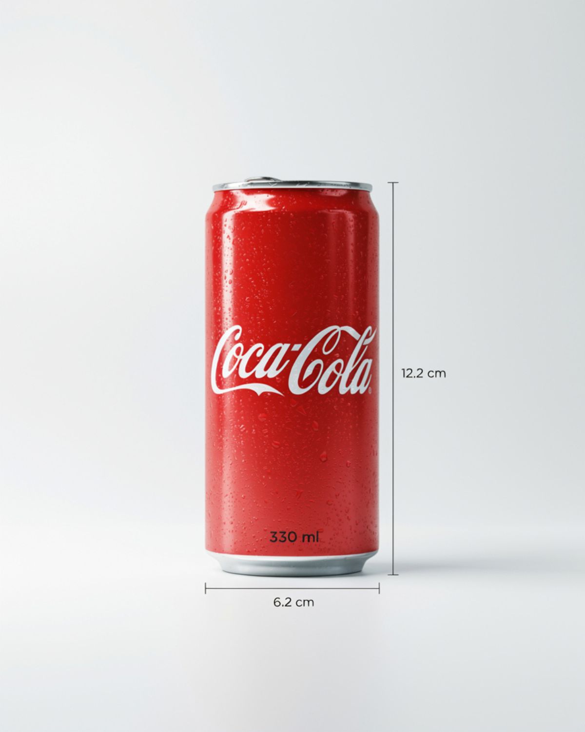 Standard Coke can size showing a 12 oz aluminum can measuring 4.83 inches tall and 2.6 inches wide