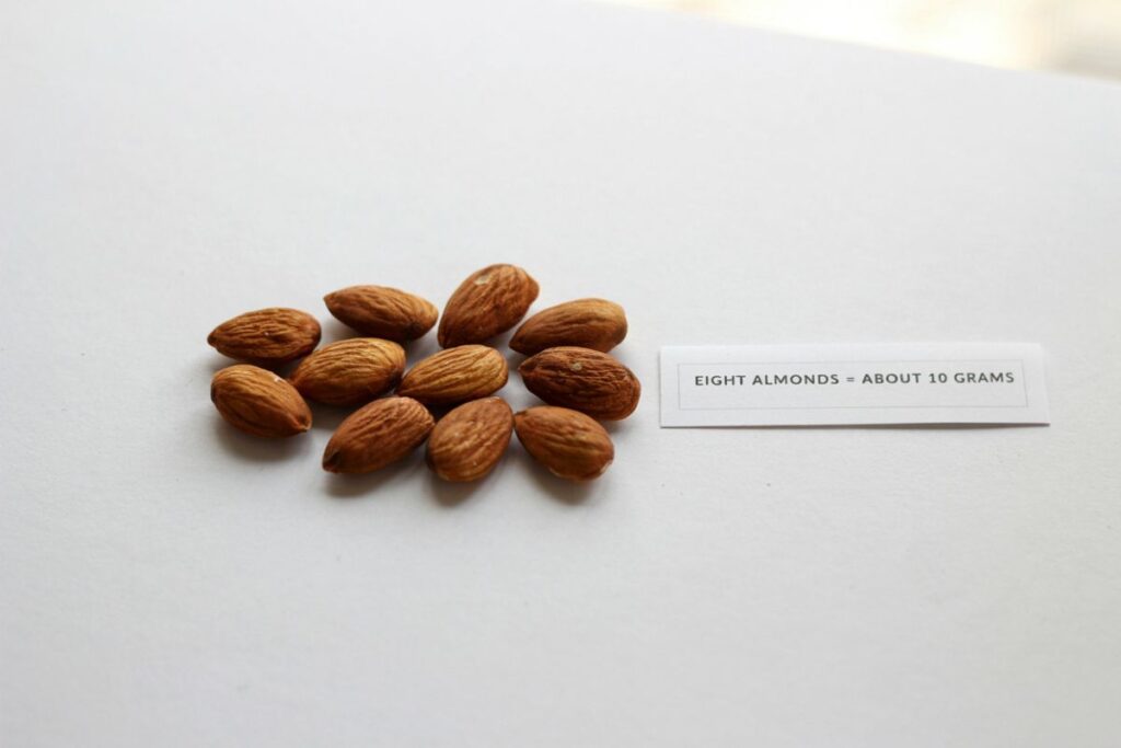 Eight whole almonds weighing about 10 grams shown as a snack weight guide