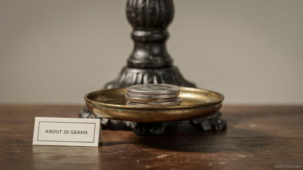 Four US nickels that weigh exactly 20 grams resting on an old brass balance scale as a weight reference