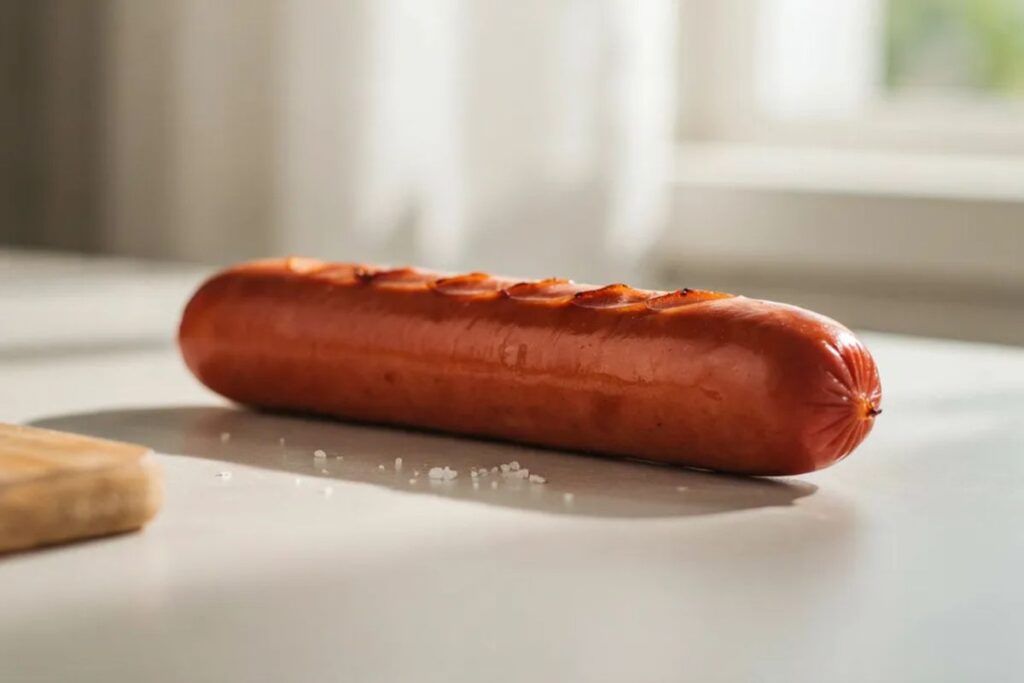 A standard hot dog about 6 inches long compared to a dollar bill