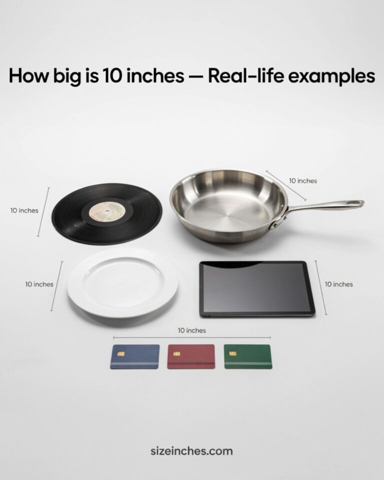 Real-life examples of how big 10 inches is including a vinyl record, frying pan, dinner plate, tablet, and credit cards