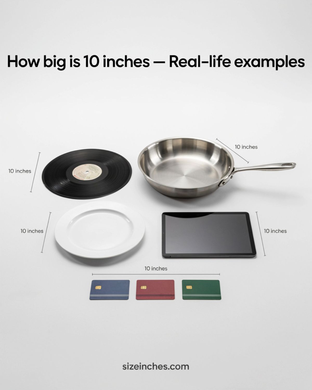 Real-life examples of how big 10 inches is including a vinyl record, frying pan, dinner plate, tablet, and credit cards
