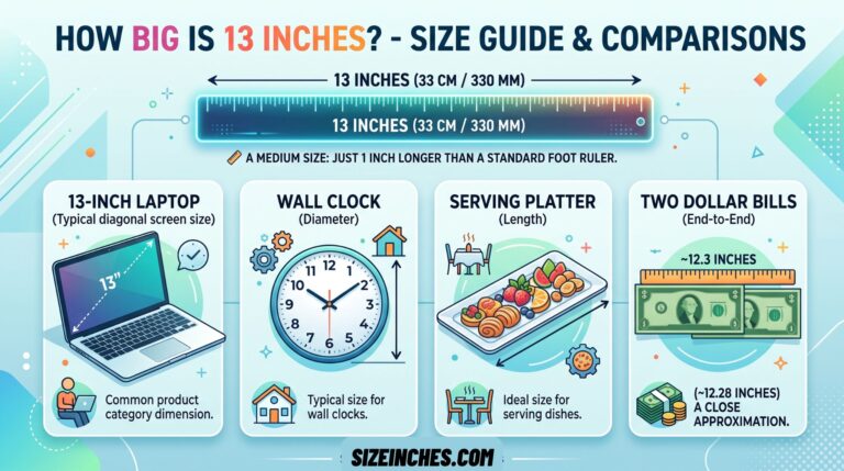 13 inches size comparison showing 33 cm next to a 13-inch laptop, wall clock, and dollar bills.
