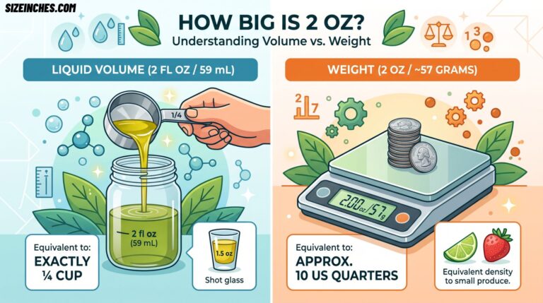 How big is 2 oz guide showing 2 fl oz equals 59 mL or exactly a quarter cup, and 2 oz by weight equals about 57 grams or 10 US quarters.