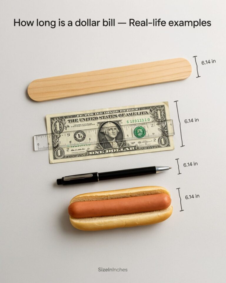 How long is a dollar bill shown with a ruler next to a craft stick, pen, and hot dog for length