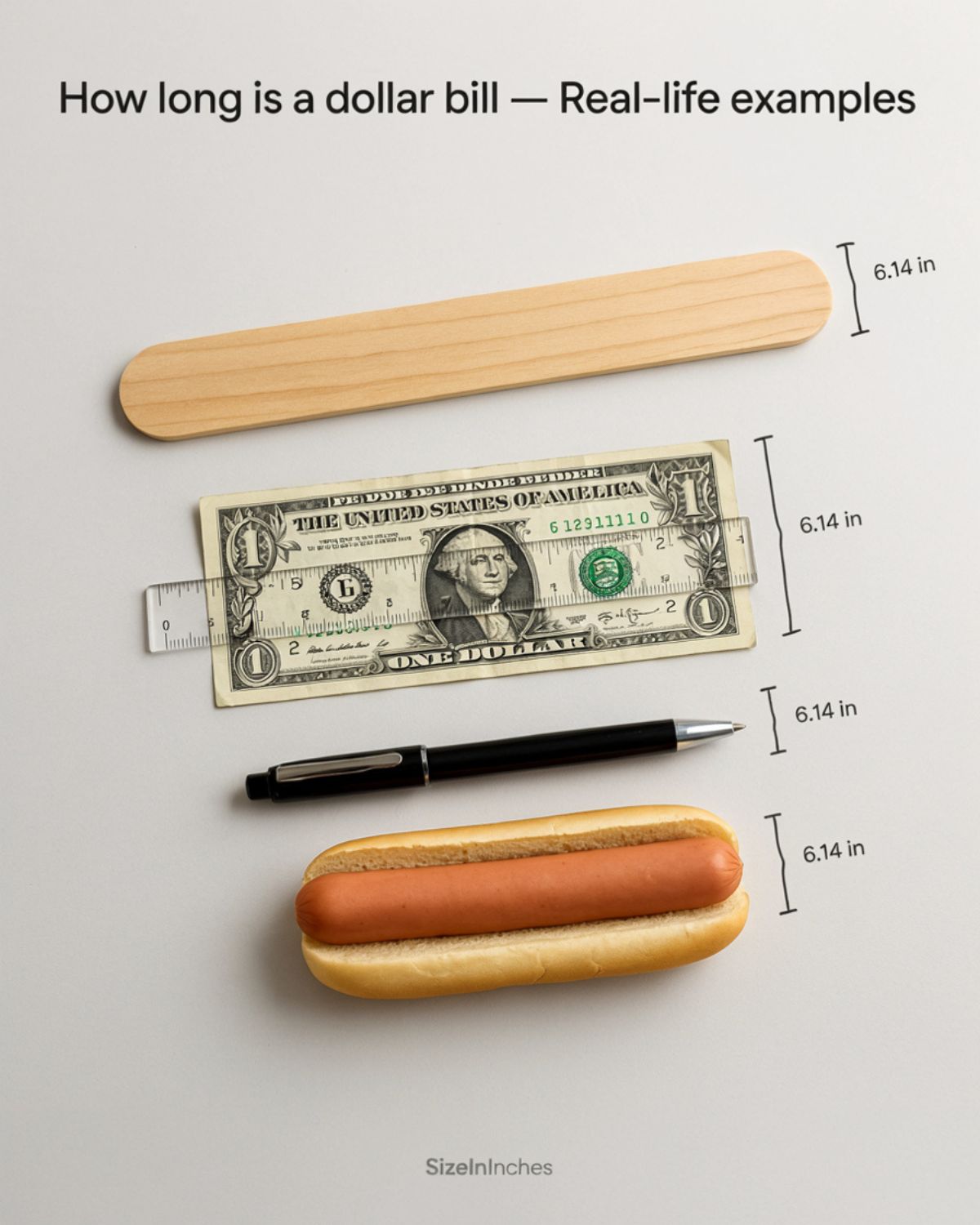 How long is a dollar bill shown with a ruler next to a craft stick, pen, and hot dog for length