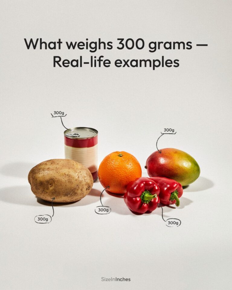 Real-life examples of what weighs 300 grams including a can of soup, potato, orange, mango, and bell peppers