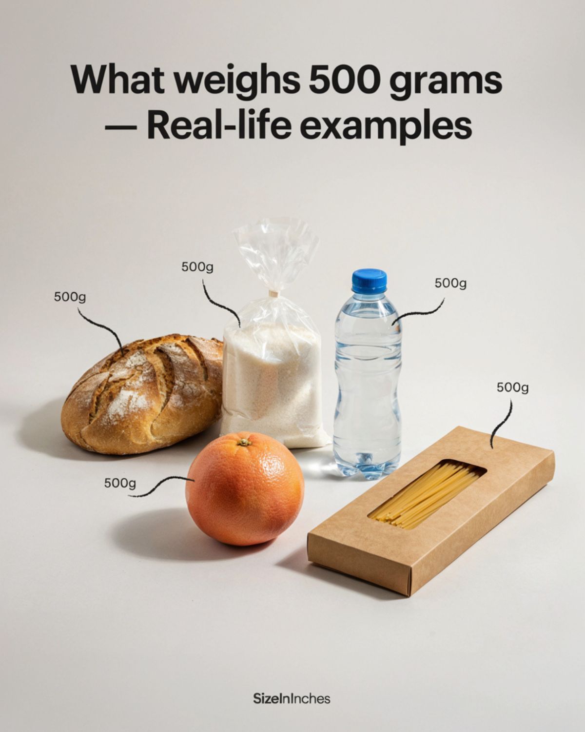 Real-life examples of what weighs 500 grams including a loaf of bread, bag of sugar, water bottle, grapefruit, and pasta