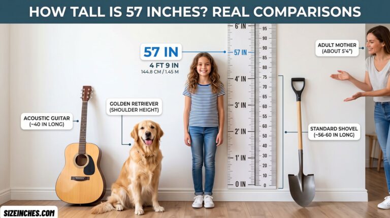 57 inches height comparison showing 4 ft 9 in next to a child, guitar, dog, and shovel