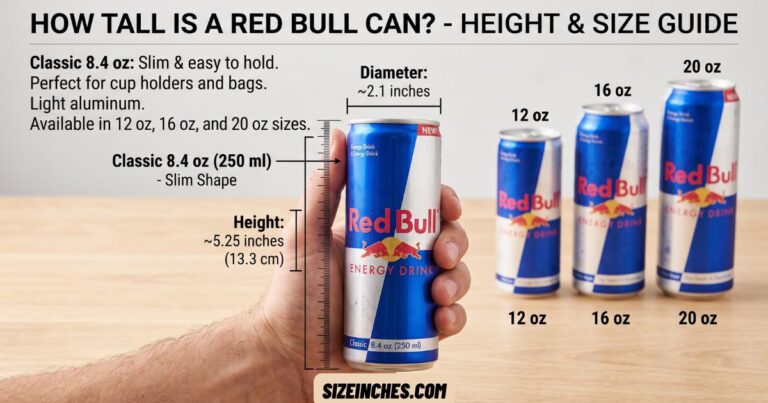 Red Bull can height chart showing the 8.4 oz can at about 5.25 inches tall, plus 12, 16, and 20 oz.