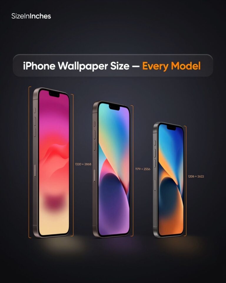 iPhone wallpaper size chart showing three iPhone models with pixel dimensions on screen