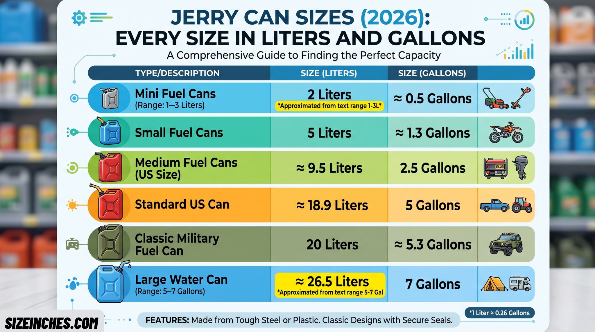 Jerry can size chart comparing 2 L, 5 L, 9.5 L, 18.9 L, and 20 L fuel and water can capacities.