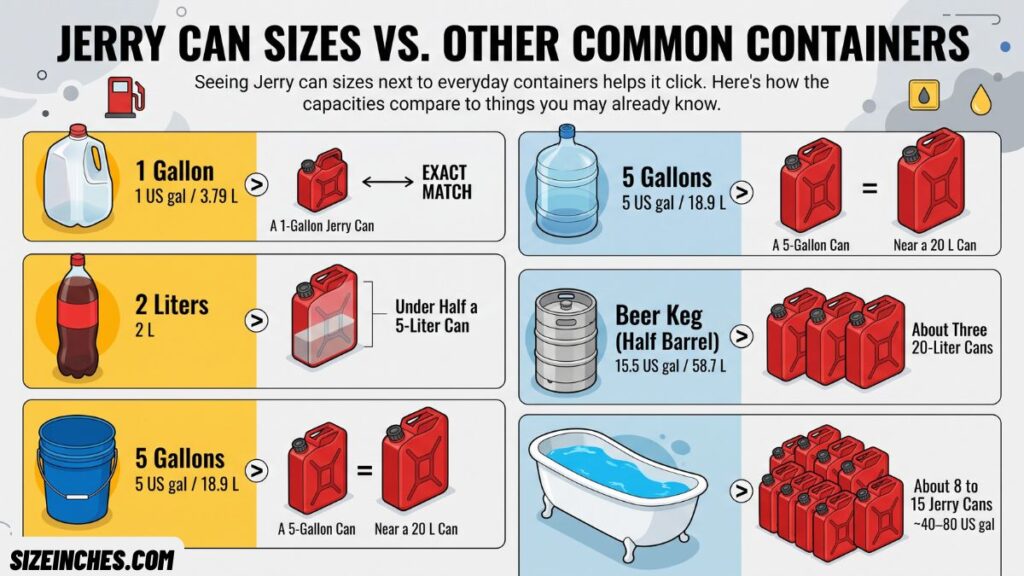 Jerry can size comparison to a gallon jug, 2-liter bottle, beer keg, and bathtub capacity.