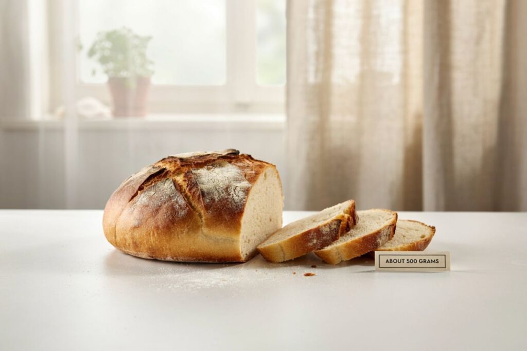 A standard loaf of bread weighing about 500 grams as an everyday reference