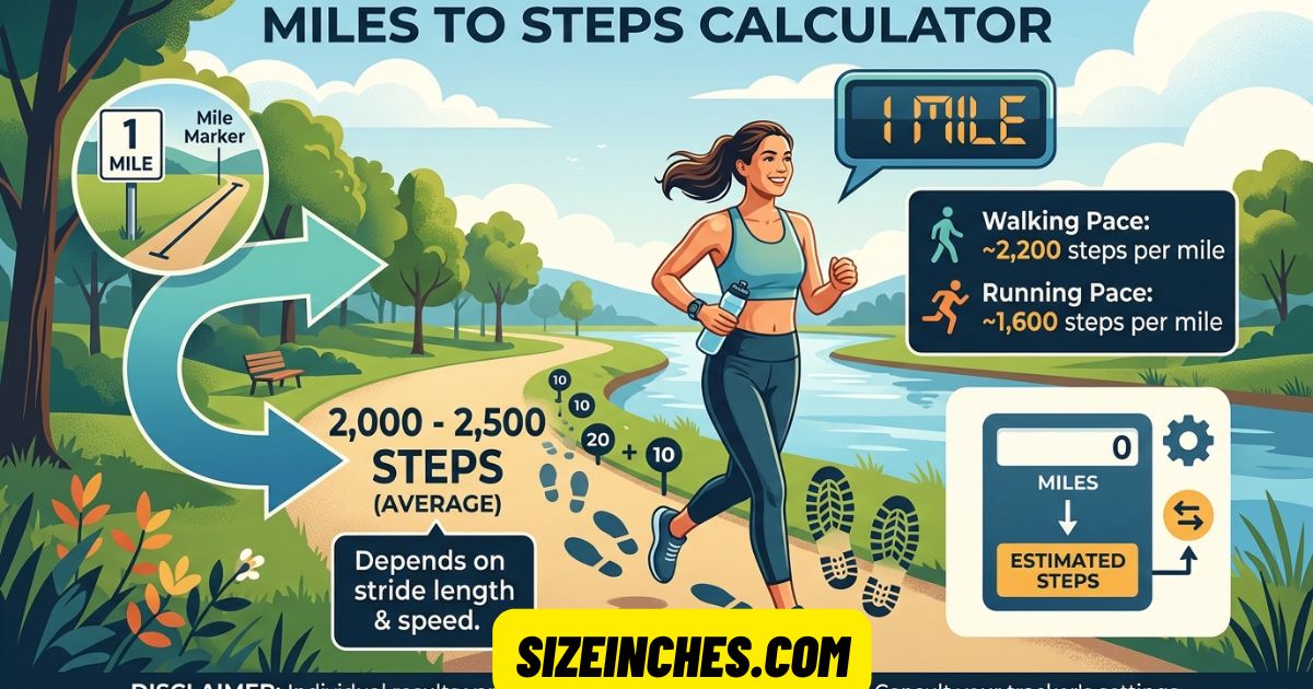 Miles to steps calculator chart: 1 mile equals about 2,000 to 2,500 steps depending on stride length.