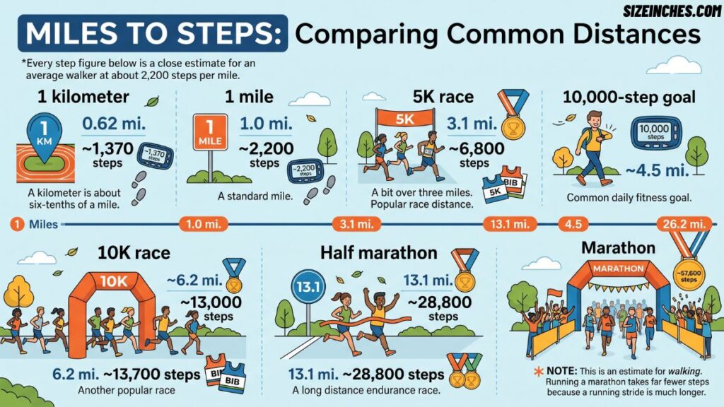 Miles to steps chart comparing 1 mile, 5K, 10K, half marathon, and marathon distances in walking steps.