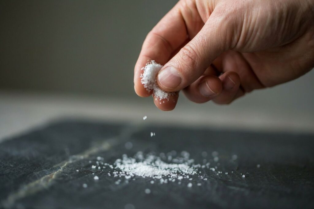 A small pinch of salt weighing about 1 gram shown as a kitchen weight reference